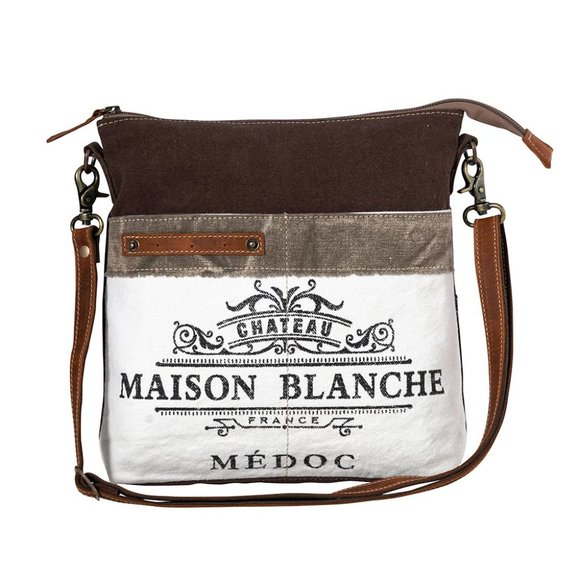 Myra Bag Handmade Chateau Shoulder Bag Upcycled Canvas & Cowhide Leather - Picture 1 of 10